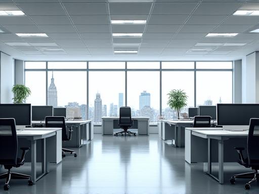 A clean and organized office space with bright lighting