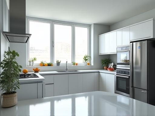 A sparkling clean modern kitchen after residential housekeeping