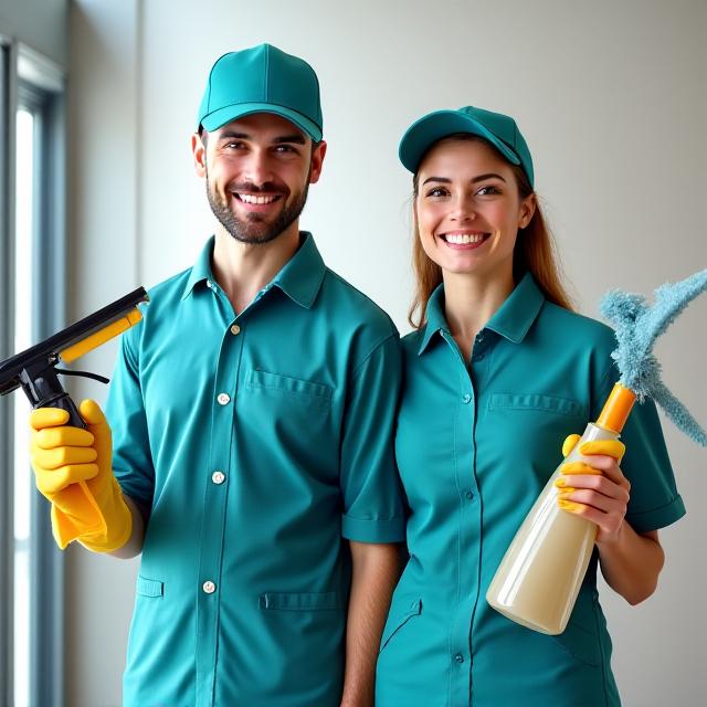Professional cleaning team members in uniform preparing equipment